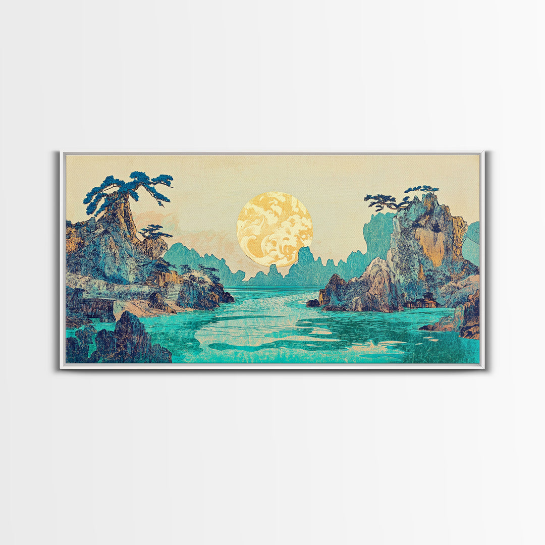 Golden Moon Tropical Seascape Framed Canvas Print, Japanese Wall Art, Coastal Landscape, Celestial Ocean Living Room Decor