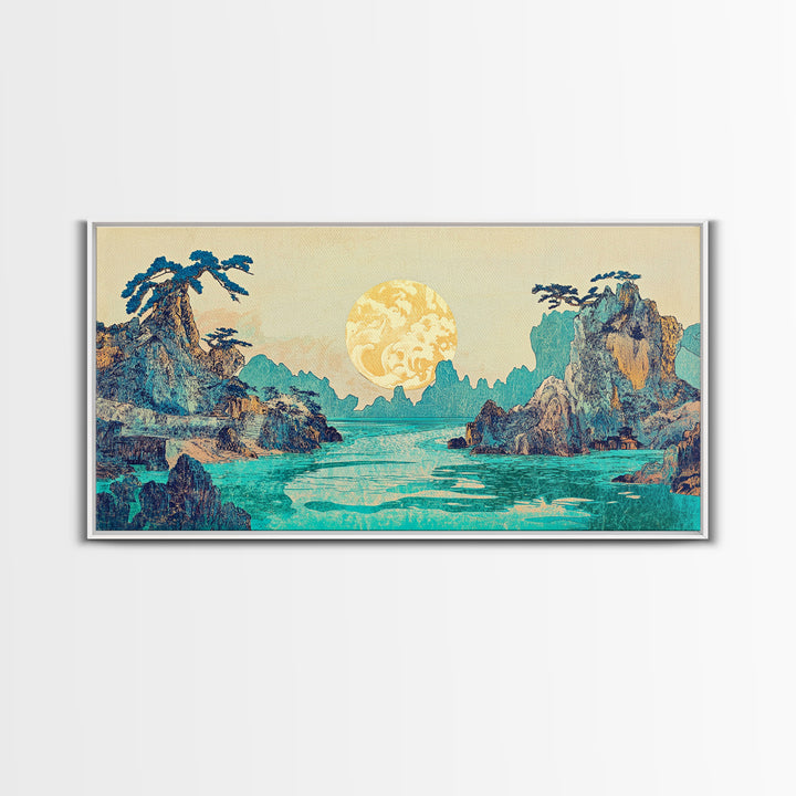 Golden Moon Tropical Seascape Framed Canvas Print, Japanese Wall Art, Coastal Landscape, Celestial Ocean Living Room Decor