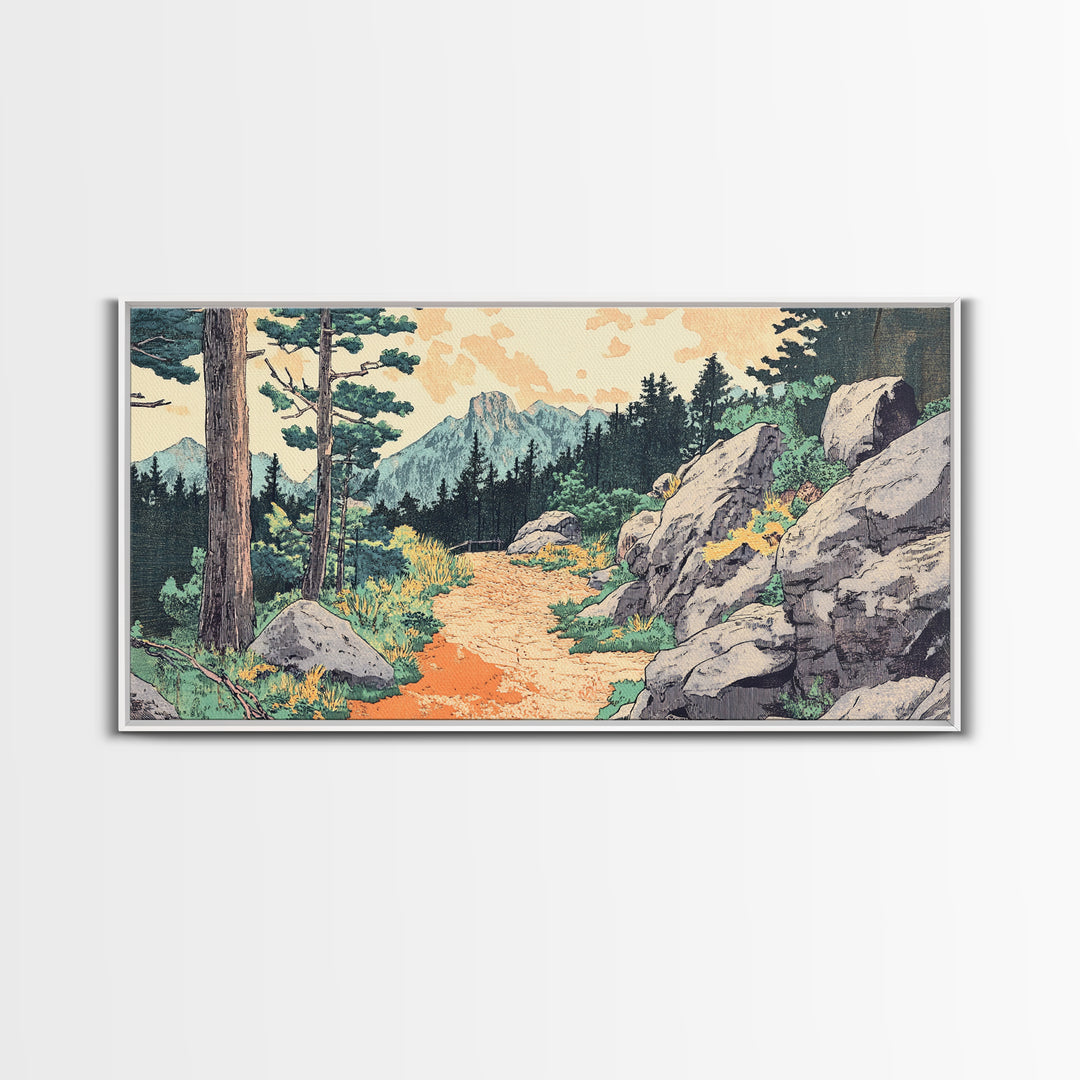 Mountain Forest Trail Framed Canvas Print, Japanese Landscape Wall Art, Pine Tree Nature Decor, Rustic Living Room Art Print