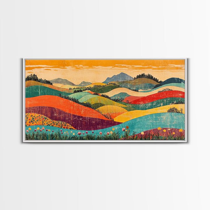 Colorful Rolling Hills And Wildflower Valley Wall Art, Modern Landscape Art Print, Boho Living Room Decor, Housewarming Gift