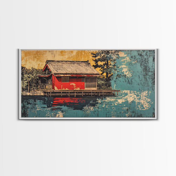 Red Lakeside Japanese House And Reflection Wall Art, Tranquil Water Canvas Print, Japandi Decor, Asian Inspired Living Room Art