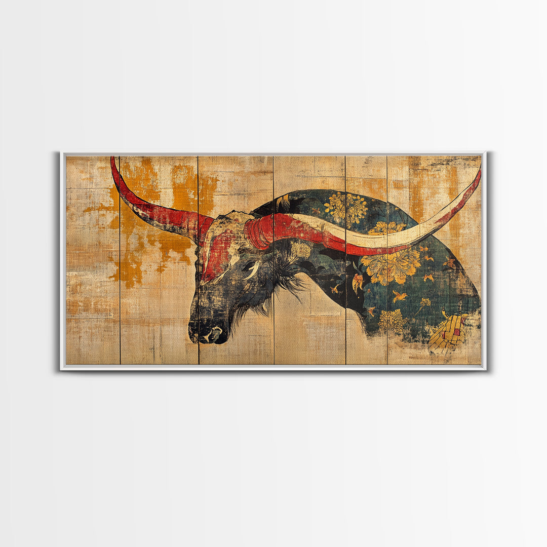 Longhorn Bull Horns Wall Art, Rustic Western Canvas Print, Southwestern Ranch Decor, Masculine Living Room Statement Art