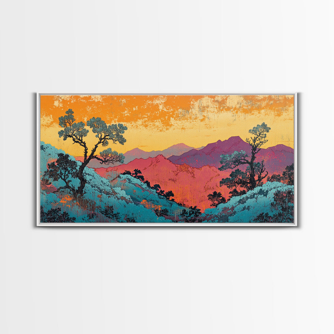 Teal And Purple Mountain Sunset Wall Art, Colorful Landscape Canvas, Southwestern Decor, Large Living Room Art Print, Housewarming Gift