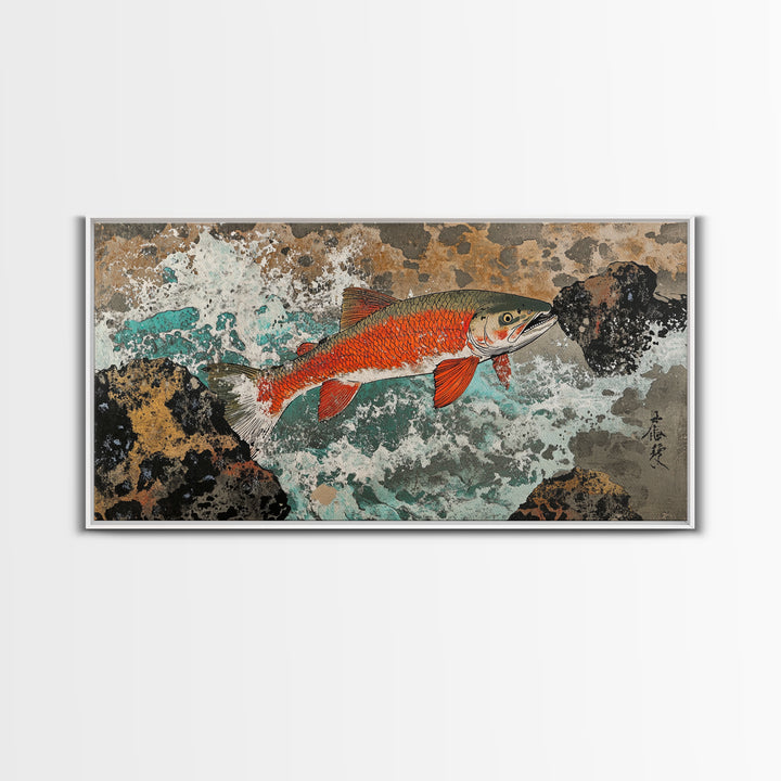 Red River Fish Among Rocks Framed Canvas Print, Japanese Gyotaku Wall Art, Nautical Wildlife Decor, Angler Lake House Gift