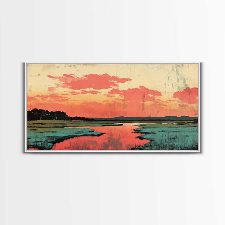 Coral Sunset Marsh Landscape Wall Art, Abstract Landscape Print, Teal Living Room Decor, Modern Coastal Home Decor, Large Wall Art