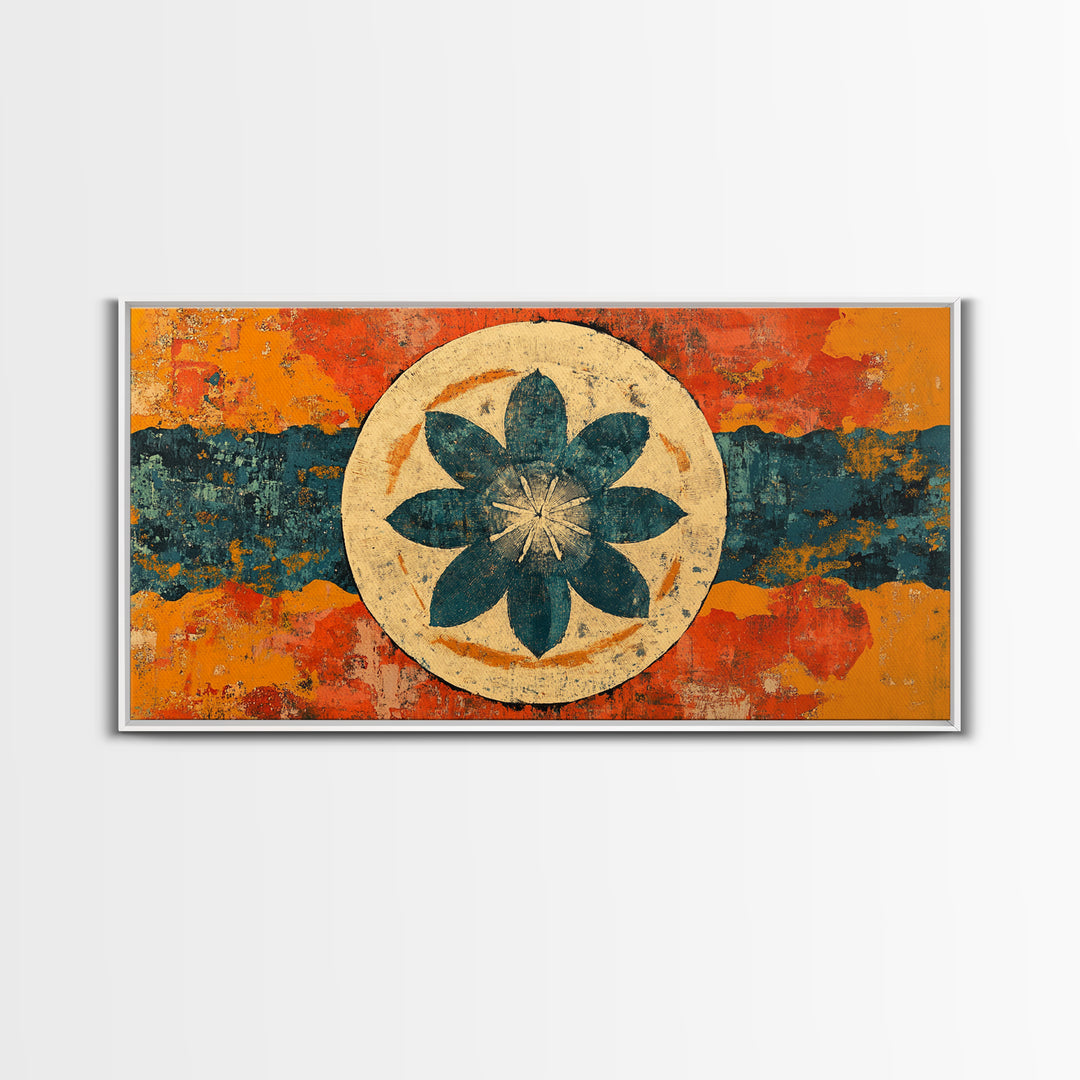 Teal Lotus Flower Circle Wall Art, Retro Abstract Canvas Print, Mid Century Modern Decor, Orange Blue Zen Home Decor, Statement Artwork
