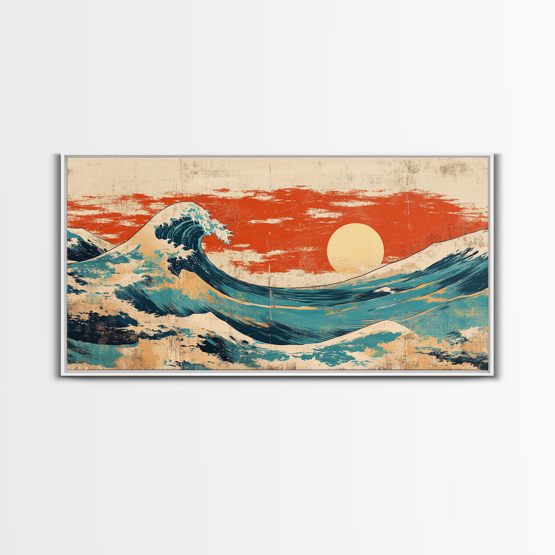 Japanese Great Wave Canvas Print, Red Sunset Ocean Wall Art, Ukiyo E Inspired Seascape, Coastal Living Room Decor, Home Decor