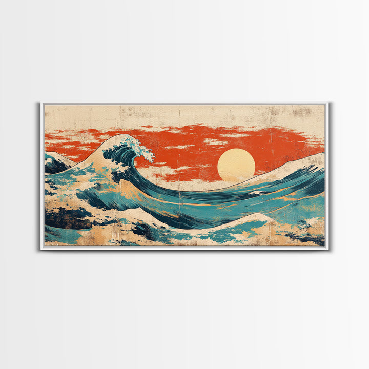 Japanese Great Wave Canvas Print, Red Sunset Ocean Wall Art, Ukiyo E Inspired Seascape, Coastal Living Room Decor, Home Decor