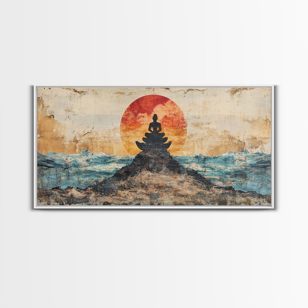 Buddha Meditation On Ocean Rocks Wall Art, Zen Canvas Print, Spiritual Decor, Mindfulness Art, Yoga Room Wall Decor, Calming Wall Art