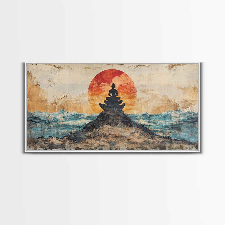 Buddha Meditation On Ocean Rocks Wall Art, Zen Canvas Print, Spiritual Decor, Mindfulness Art, Yoga Room Wall Decor, Calming Wall Art
