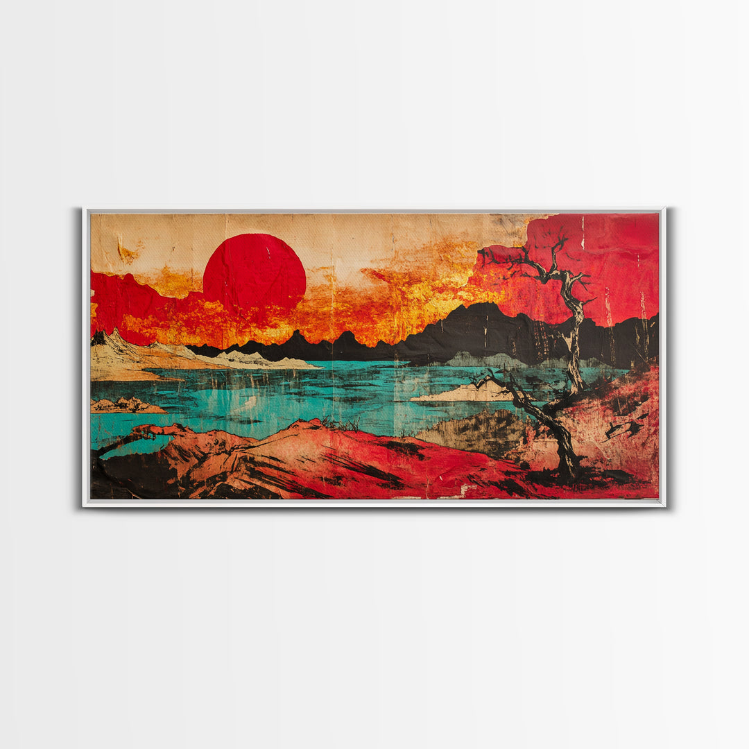 Red Sun Mountain Lake Wall Art, Japanese Sunset Landscape Canvas Print, Bold Desert Decor, Modern Living Room Statement Art