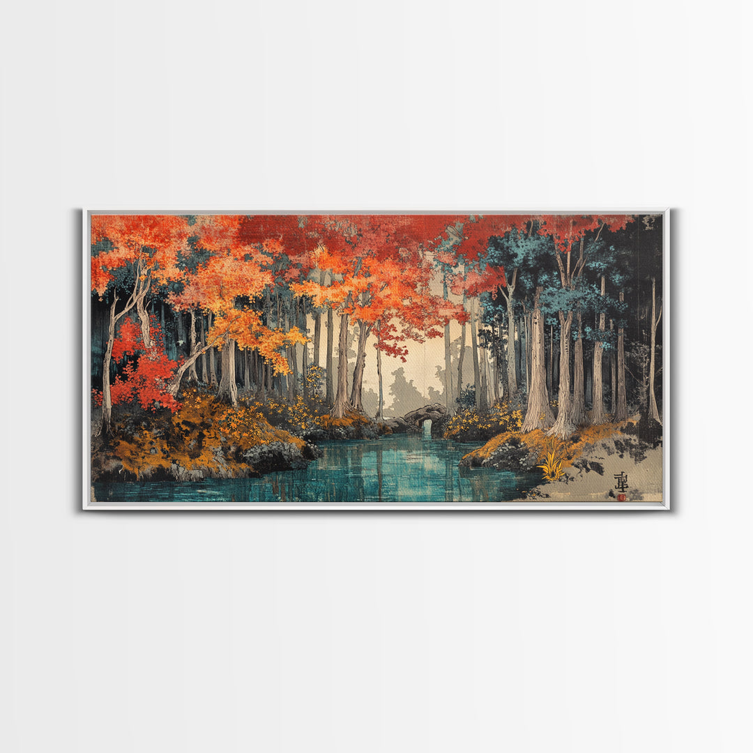 Autumn Forest River Wall Art, Japanese Landscape Canvas Print, Moody Woodland Decor, Large Living Room Wall Decor, Above Sofa Art