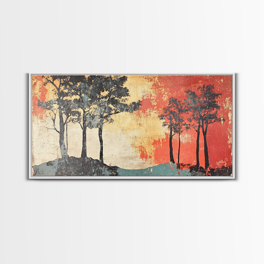 Silhouette Trees With Red Sky Wall Art, Abstract Landscape Canvas Print, Modern Rustic Decor, Wide Horizontal Wall Art Print