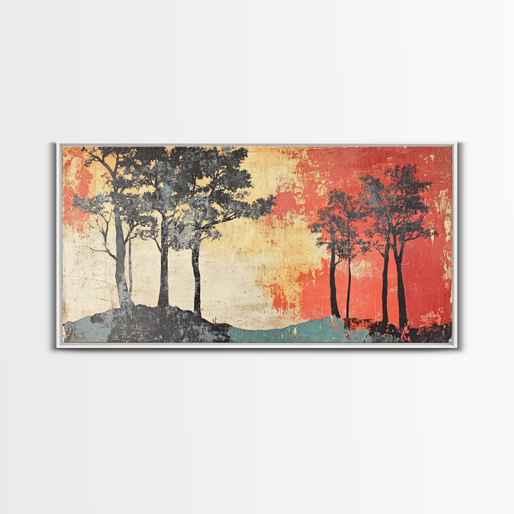 Silhouette Trees With Red Sky Wall Art, Abstract Landscape Canvas Print, Modern Rustic Decor, Wide Horizontal Wall Art Print