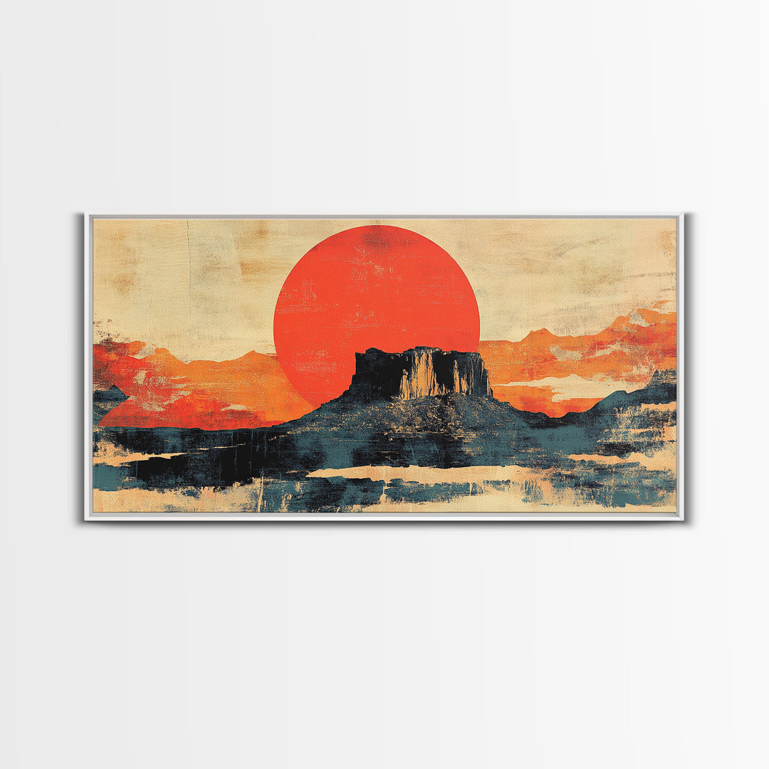 Desert Mesa Red Sun Wall Art, Southwestern Landscape Canvas Print, Modern Western Decor, Large Horizontal Living Room Art