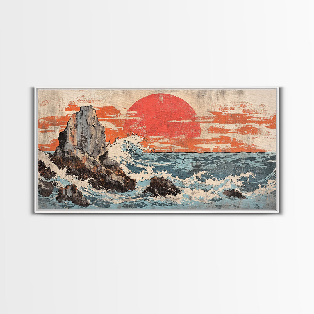 Rocky Ocean Cliffs With Red Sun And Crashing Waves Canvas Print, Japanese Coastal Wall Decor, Large Seascape Art, Living Room Wall Art