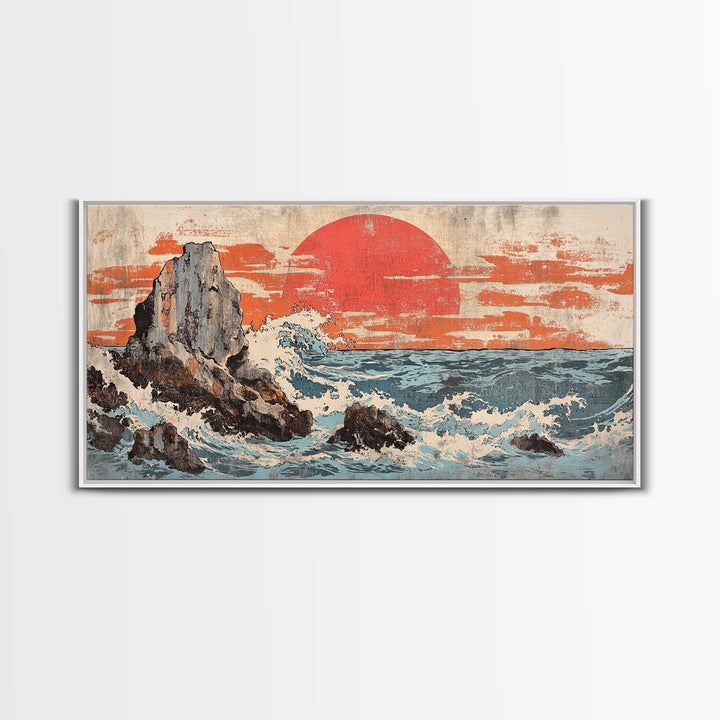 Rocky Ocean Cliffs With Red Sun And Crashing Waves Canvas Print, Japanese Coastal Wall Decor, Large Seascape Art, Living Room Wall Art