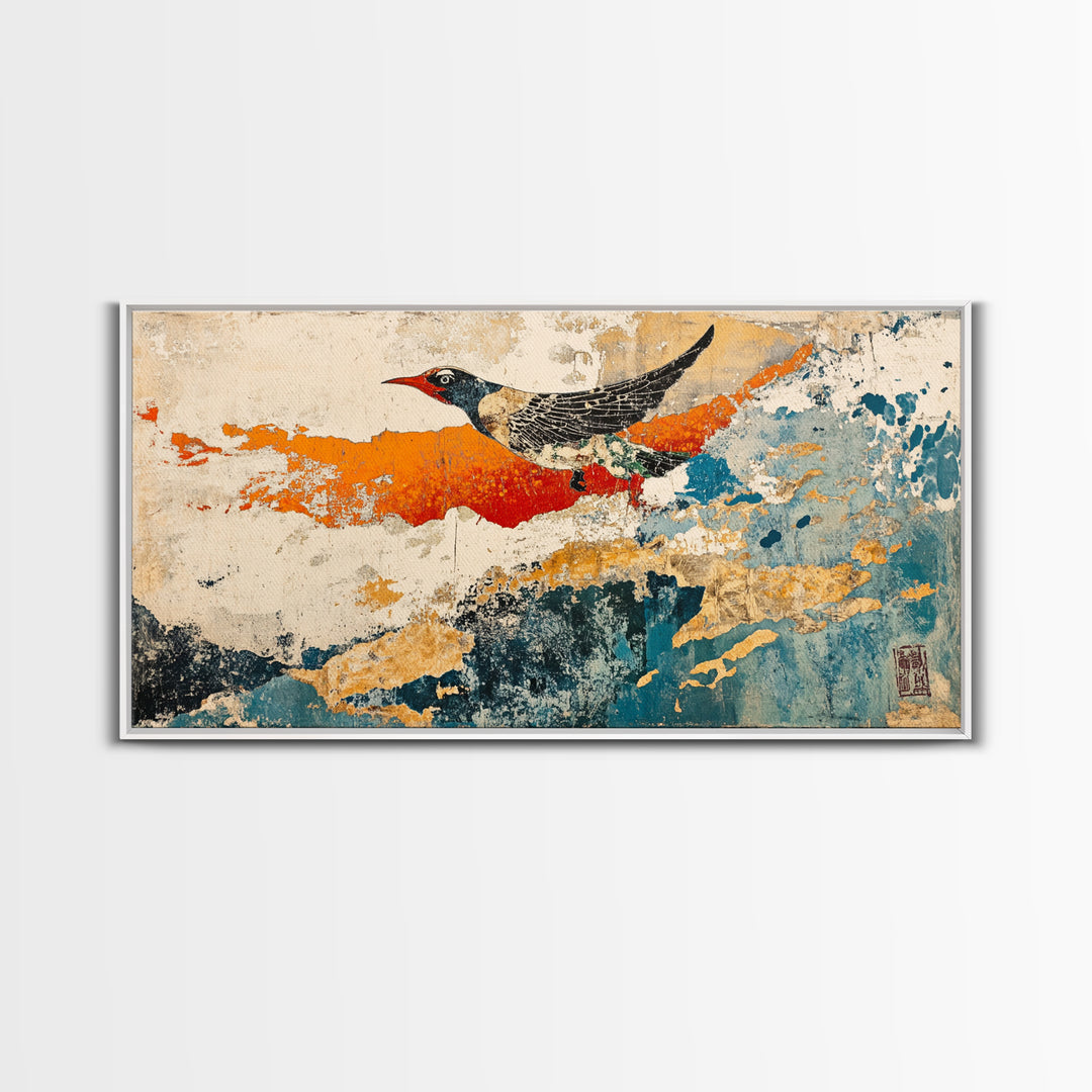 Black And White Bird In Orange Blue Abstract Sky Wall Art, Japanese Nature Print, Whimsical Animal Decor For Home Decor