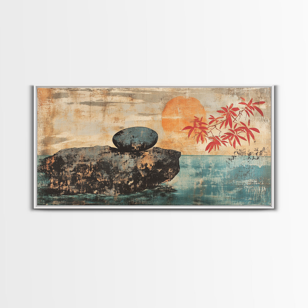 Zen Stone On Sea Cliff At Sunset Canvas Print, Japanese Minimalist Wall Art, Calm Coastal Decor, Spa Home Decor, Living Room Art
