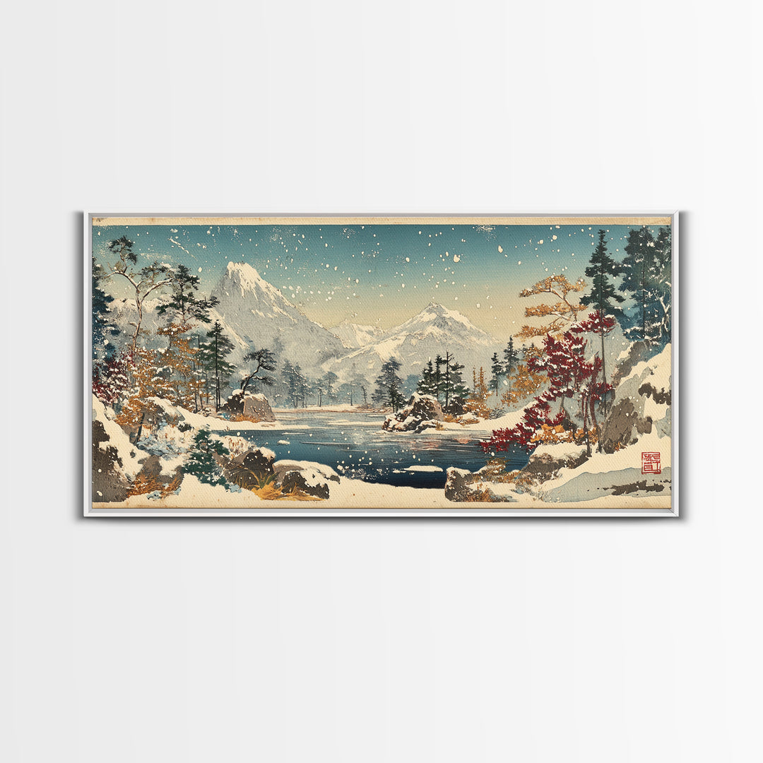 Snowy Mountain Lake With Pines And Falling Snow Wall Art, Winter Landscape Print, Japanese Nature Decor For Cabin Home Decor