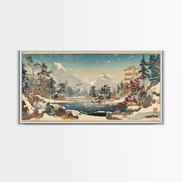 Snowy Mountain Lake With Pines And Falling Snow Wall Art, Winter Landscape Print, Japanese Nature Decor For Cabin Home Decor