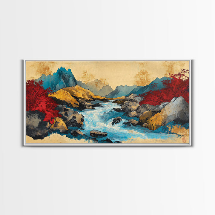 Turquoise Mountain River And Red Autumn Trees Wall Art, Panoramic Landscape Canvas, Modern Nature Decor, Living Room Print
