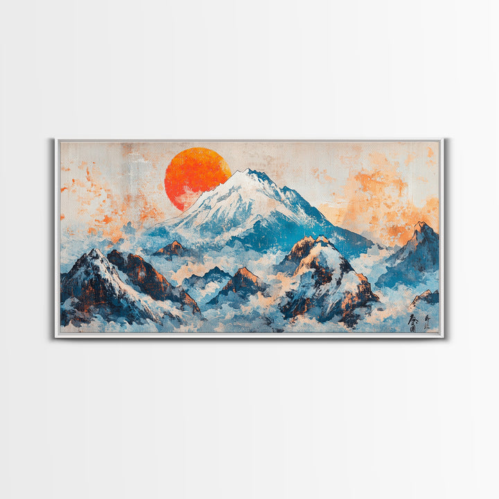 Snowy Blue Mountains And Rising Orange Sun Framed Canvas Print, Japanese Landscape Wall Art, Large Modern Living Room Decor