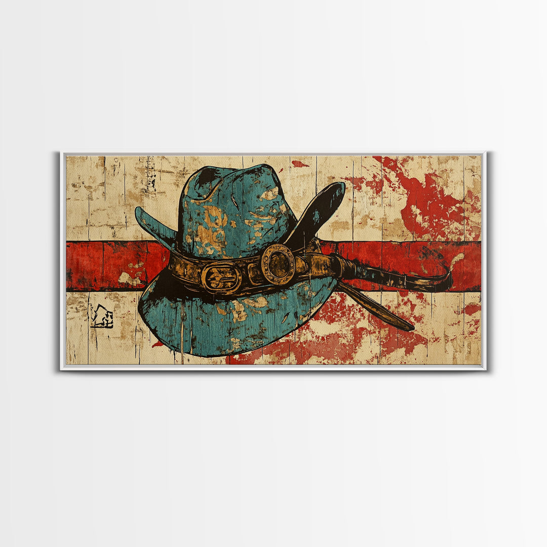 Turquoise Cowboy Hat And Lasso On Rustic Wood Wall Art, Western Canvas Print, Ranch Living Room Decor, Gift For Horse Lover