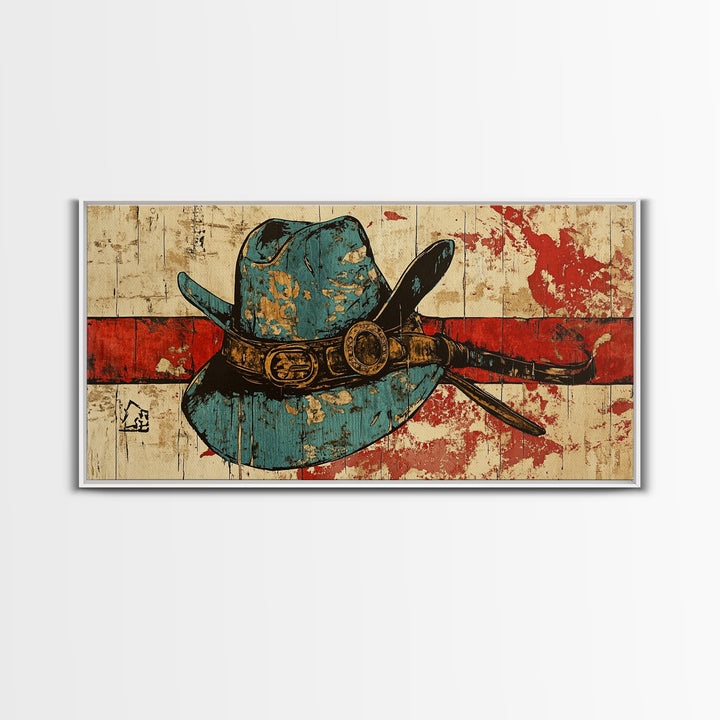 Turquoise Cowboy Hat And Lasso On Rustic Wood Wall Art, Western Canvas Print, Ranch Living Room Decor, Gift For Horse Lover