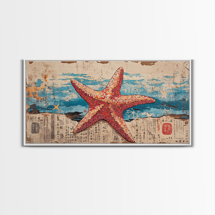Pink Starfish On Weathered Ocean Pages Wall Art, Coastal Canvas Print, Beach House Living Room Decor, Nautical Bathroom Art