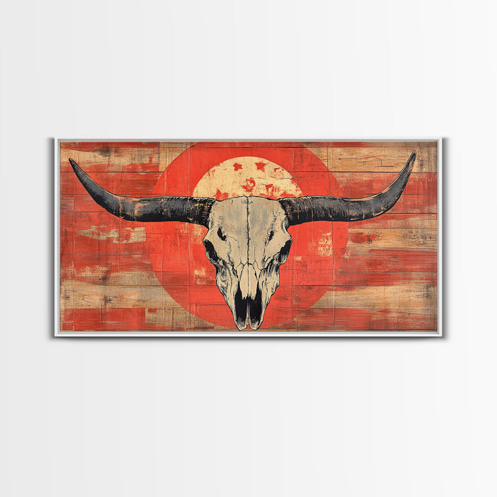 Longhorn Skull On Distressed Red Wood Wall Art, Western Framed Canvas Print, Rustic Cowboy Ranch Home Decor For Living Room