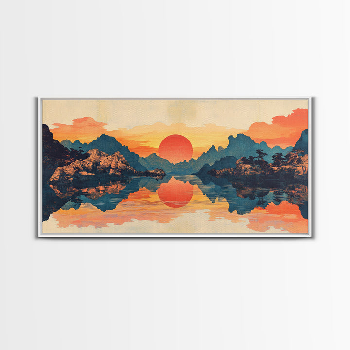 Red Sun Mountain Lake Reflection Wall Art, Japanese Landscape Print, Panoramic Canvas, Serene Living Room Decor, Above Sofa Decor