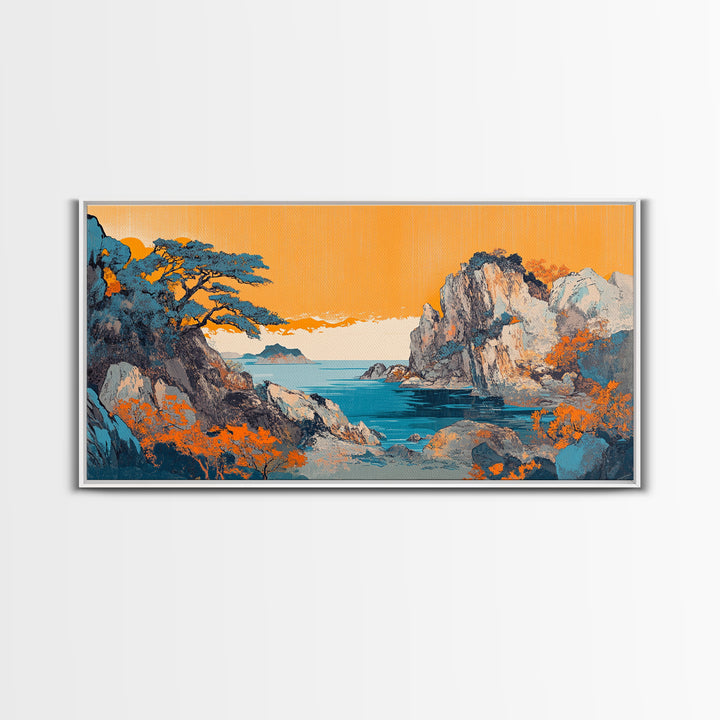 Orange Sky Rocky Coast Canvas Print, Japanese Seascape Wall Art, Coastal Landscape, Beach House Living Room Decor, Above Sofa Decor