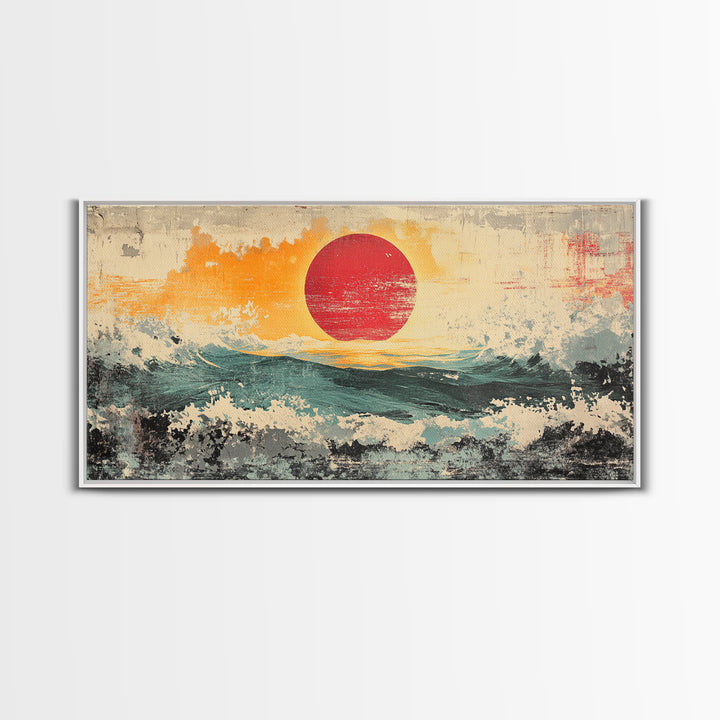Abstract Red Sun Seascape Wall Art, Ocean Wave Canvas Print, Coastal Modern Decor, Large Living Room Wall Decor, Above Sofa Decor