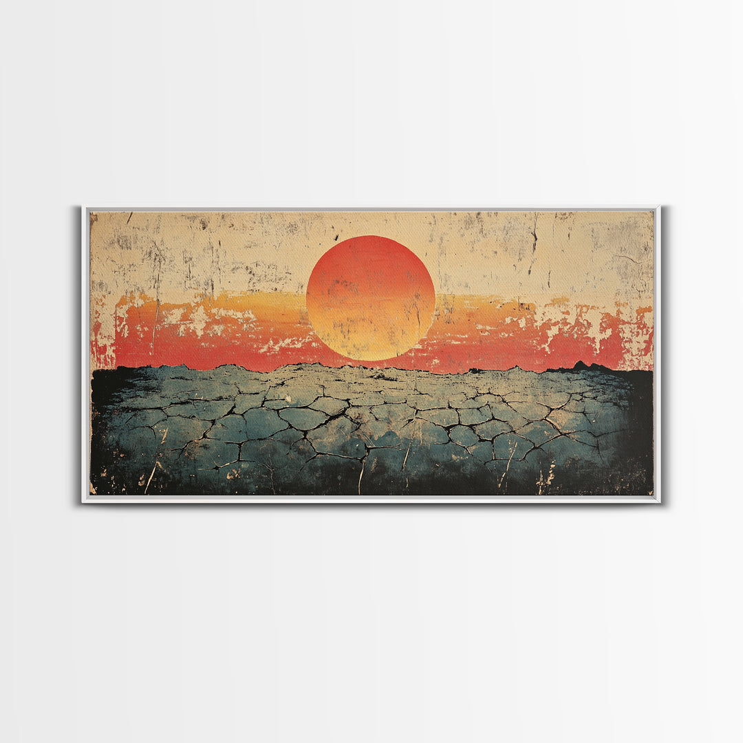 Cracked Desert Red Sun Wall Art, Southwestern Canvas Print, Minimal Landscape, Earth Tone Modern Living Room Decor, Housewarming Gift