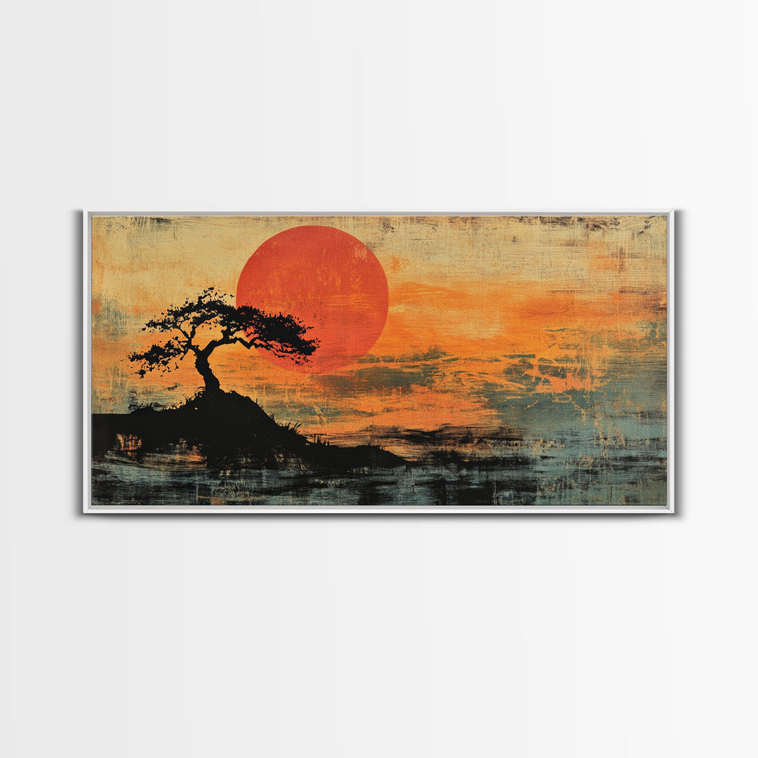Solitary Tree Sunset Wall Art, Japanese Landscape Print, Moody Orange Coastal Decor, Panoramic Canvas Print For Living Room