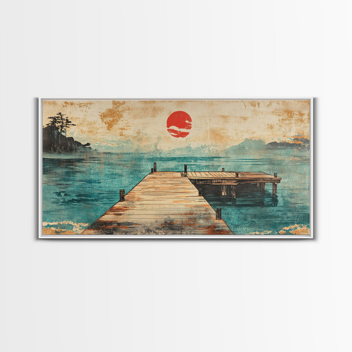Quiet Dock On Misty Lake Wall Art, Japanese Red Sun Landscape Print, Coastal Cabin Decor, Serene Living Room Art, Housewarming Gift