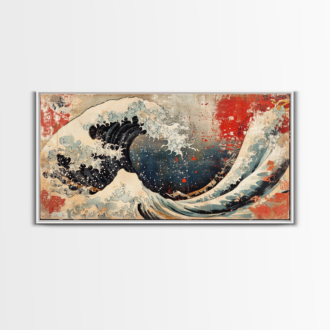 Great Wave With Red Sun Canvas Print, Japanese Ocean Wall Art, Hokusai Inspired Seascape, Coastal Living Room Decor Gift