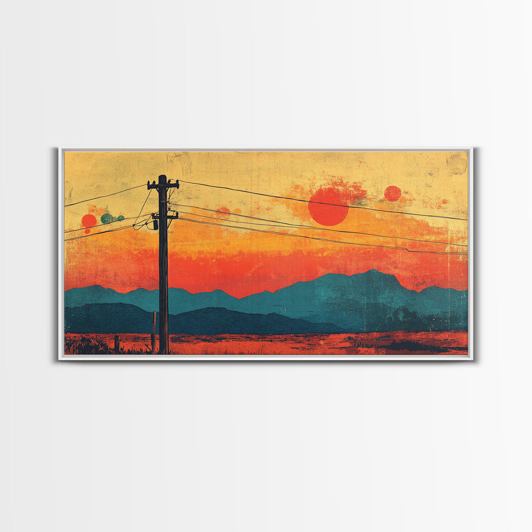Telephone Poles At Orange Desert Sunset Wall Art, Retro Japanese Landscape Print, Mountain Decor, Mid Century Canvas Print