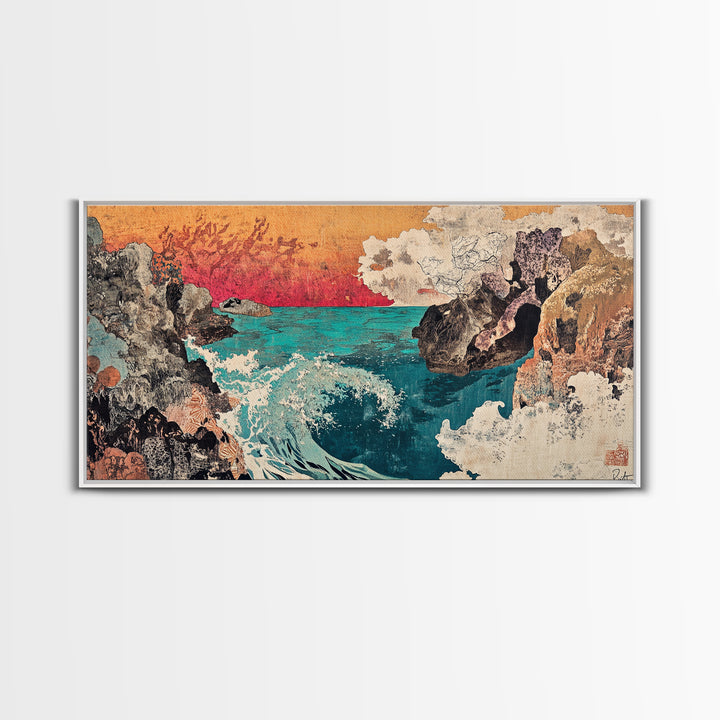 Rocky Cove With Turquoise Surf Wall Art, Japanese Coastal Seascape Print, Ocean Landscape Decor, Large Canvas Print Gift