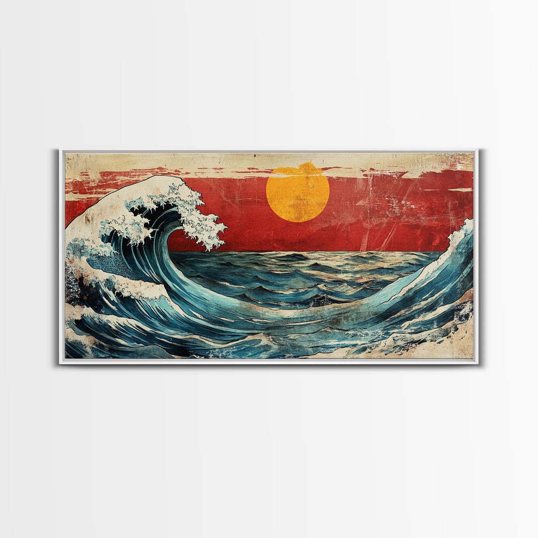 Rolling Ocean Wave Under Yellow Sun Canvas Print, Japanese Seascape Wall Art, Coastal Living Room Decor, Beach House Gift