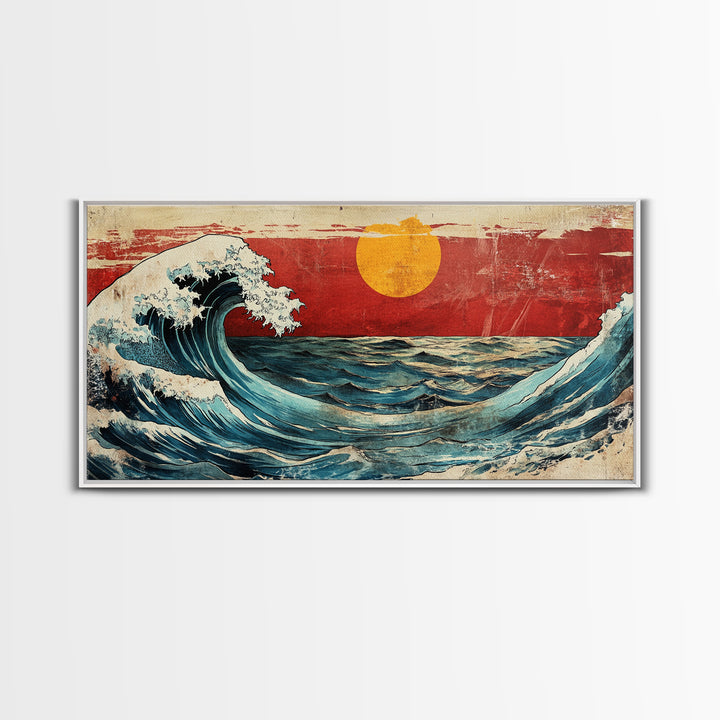 Rolling Ocean Wave Under Yellow Sun Canvas Print, Japanese Seascape Wall Art, Coastal Living Room Decor, Beach House Gift