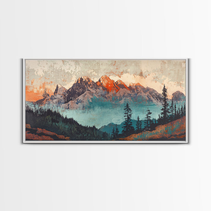 Snowy Mountain Peaks And Pine Forest Wall Art, Rustic Landscape Framed Canvas Print, Large Nature Decor For Living Room Art