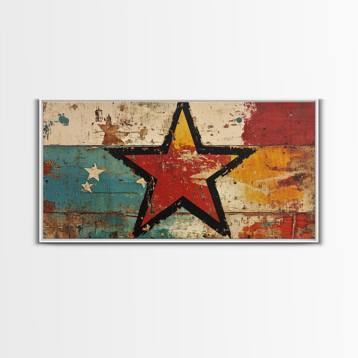 Distressed Red Star On Teal And Gold Abstract Wall Art, Retro Americana Canvas Print, Bold Rustic Home Decor For Man Cave Or Office