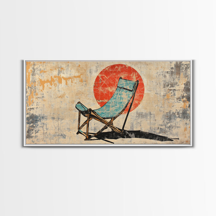 Turquoise Beach Chair In Front Of Red Sun Wall Art, Retro Coastal Canvas Print, Summer Beach House Decor For Patio And Living Room
