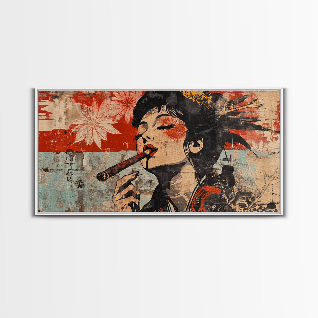 Glamorous Geisha Woman Smoking Cigar Wall Art, Japanese Pop Art Canvas Print, Bold Feminine Decor For Lounge And Living Room