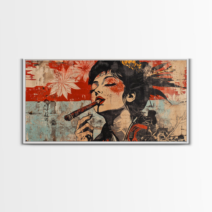 Glamorous Geisha Woman Smoking Cigar Wall Art, Japanese Pop Art Canvas Print, Bold Feminine Decor For Lounge And Living Room