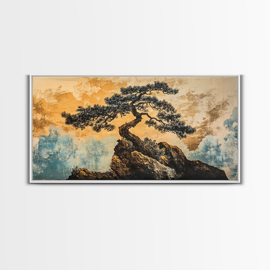 Twisted Bonsai On Golden Cliff Wall Art, Japanese Zen Landscape Print, Asian Inspired Decor, Teal Gold Living Room Art Print