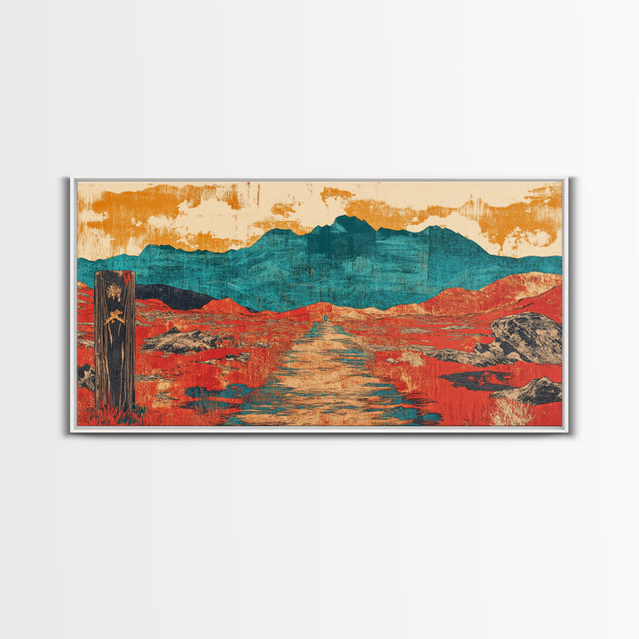 Red Desert Road To Turquoise Mountains Canvas Print, Southwestern Landscape Art, Boho Western Decor, Large Living Room Wall Art