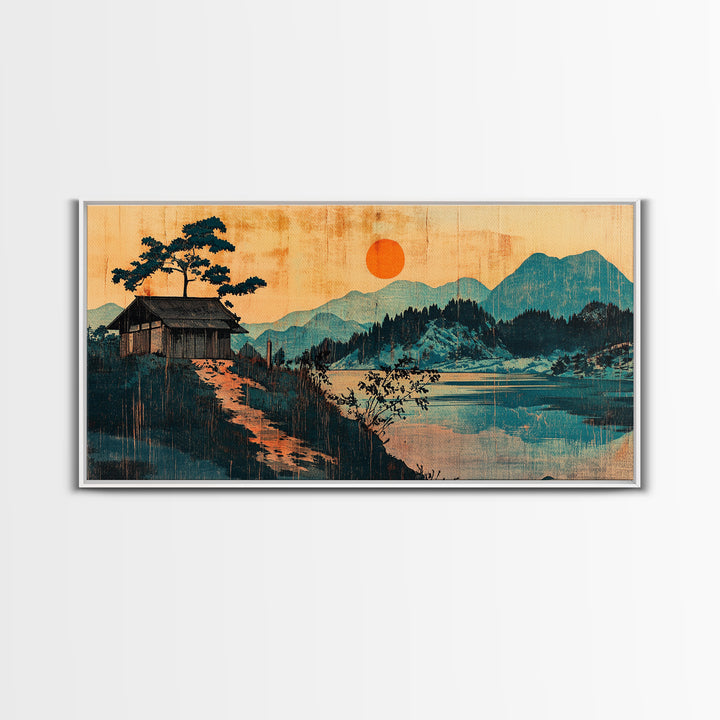Lakeside Cabin With Red Sun Wall Art, Japanese Mountain Landscape Print, Japandi Decor, Serene Living Room Canvas Art Print